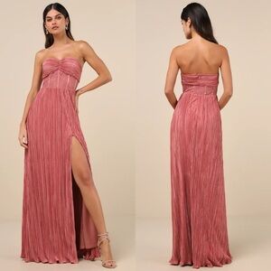 NWT Lulu’s Desme Rose Pink Satin Plisse Strapless Maxi Dress Large Romantic Chic